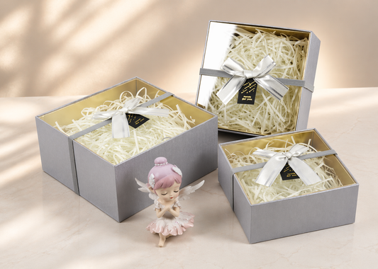 Grey Premium Square Acrylic Lid Gift Box Set (Set of 3) with Ribbon & Fillers