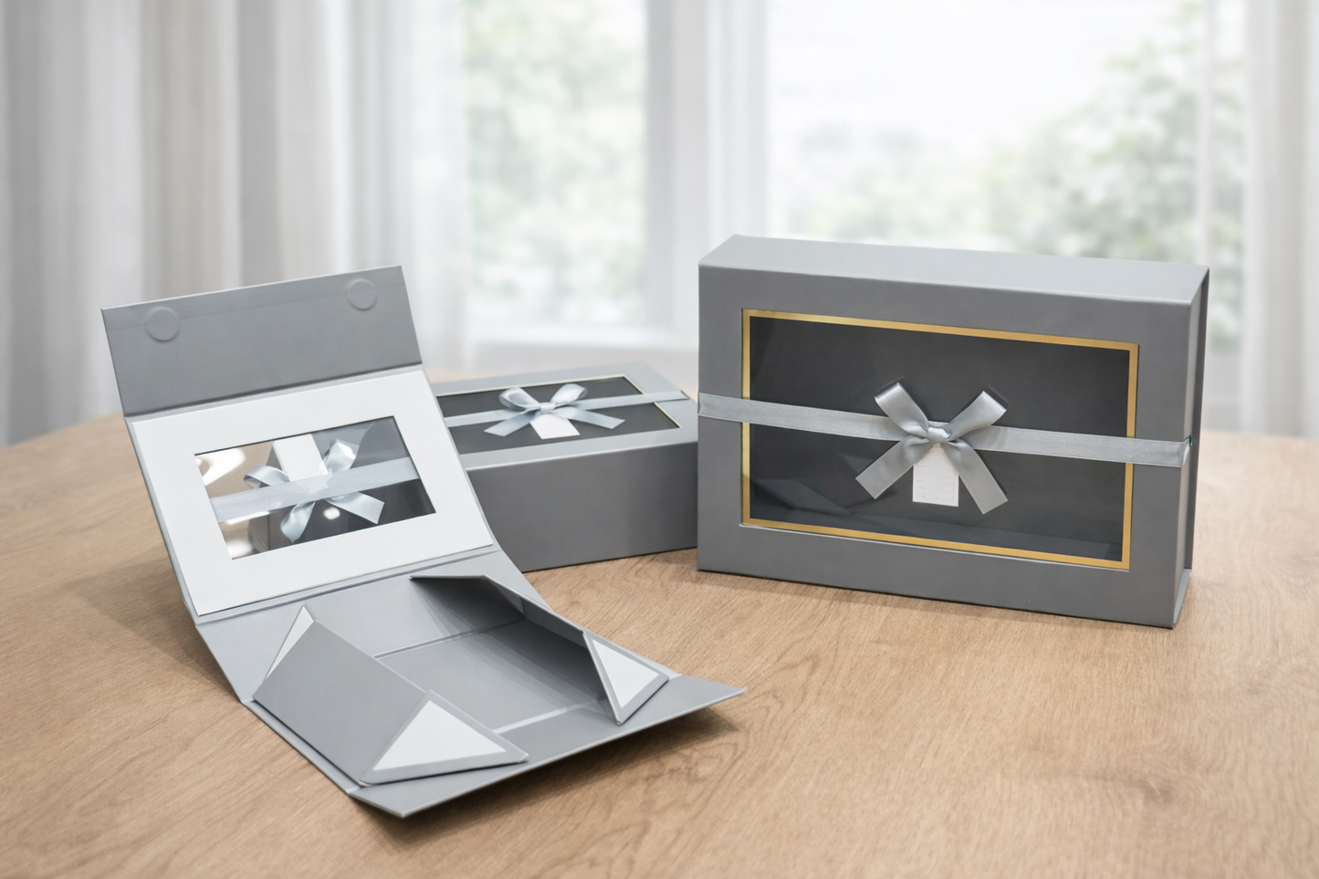 Grey Collapsible Magnetic Gift Box with Window & Ribbon – Premium Foldable Hamper Box