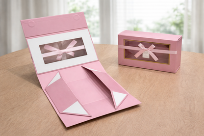 Pink Collapsible Magnetic Gift Box with Window & Ribbon – Premium Foldable Hamper Box