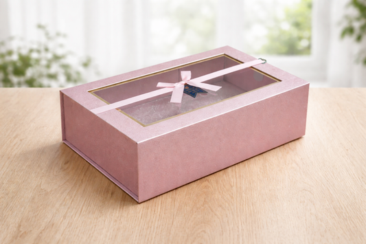 Glitter Pink Big Collapsible Magnetic Gift Box with Window & Ribbon – Premium Foldable Hamper Box