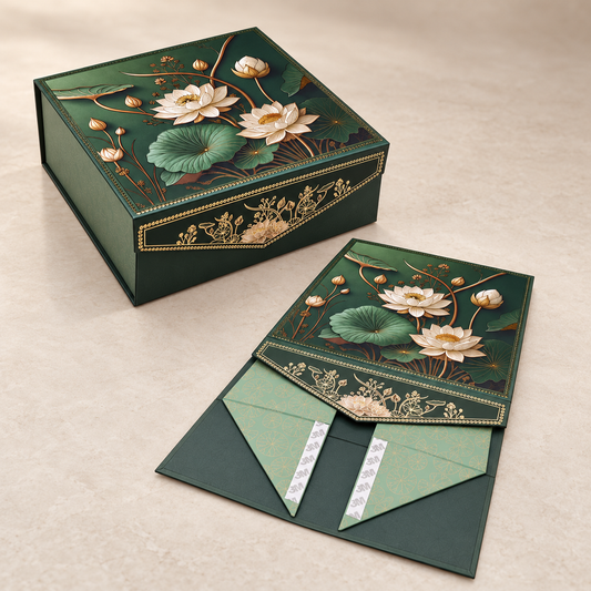 Premium Emerald Green Lotus Foil Print Collapsible Hamper Box