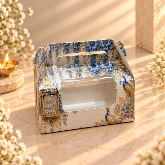 Blue Peacock Print 2 Cupcake Box with Window & Handle