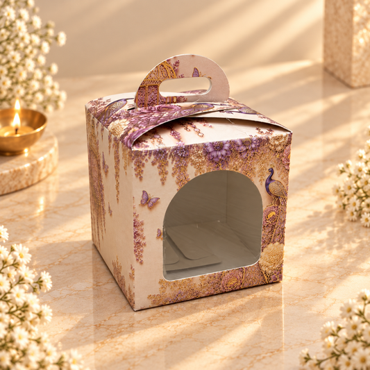 Lilac Peacock Print Single Cupcake Box with Window & Handle