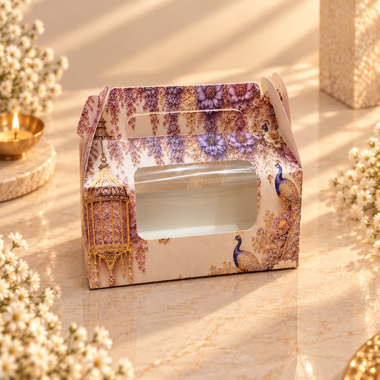 Lilac Peacock Print 2 Cupcake Box with Window & Handle