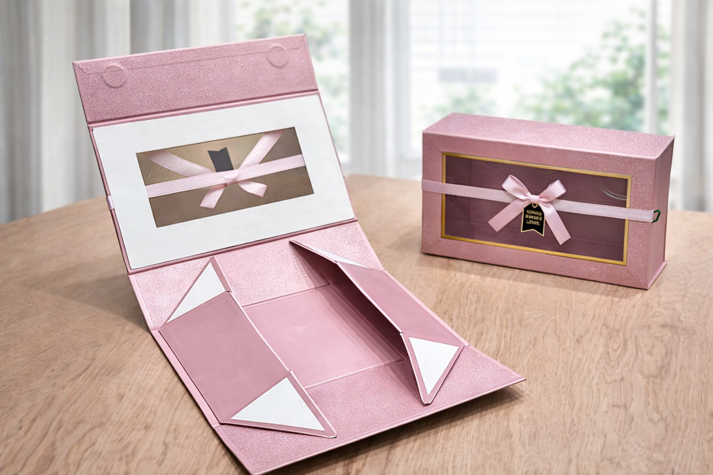 Glitter Pink Big Collapsible Magnetic Gift Box with Window & Ribbon – Premium Foldable Hamper Box