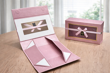 Glitter Pink Big Collapsible Magnetic Gift Box with Window & Ribbon – Premium Foldable Hamper Box