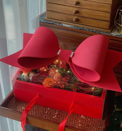 Small Red Luxury Transparent Gift Hamper Box with Bow & Ribbon Handle | Rectangle Red Bow Box 30 × 21 × 10 cm