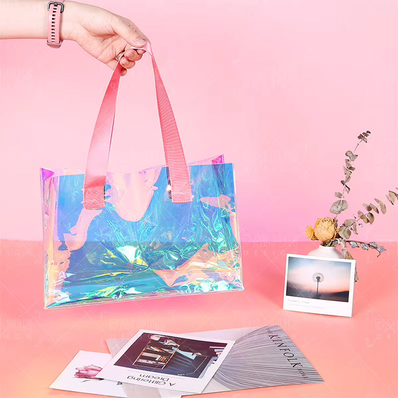 Holographic PVC Hamper Bag with Pink Handles – Luxury Gifting Bag - 25x10x20cms