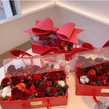 Small Red Luxury Transparent Gift Hamper Box with Bow & Ribbon Handle | Rectangle Red Bow Box 30 × 21 × 10 cm