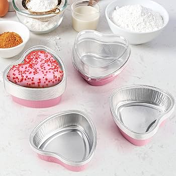 Pink Heart-Shaped Aluminum Foil Baking Cups with Lids –Disposable Cake Molds  | HEART FOIL BAKE&SERVE WITH LID