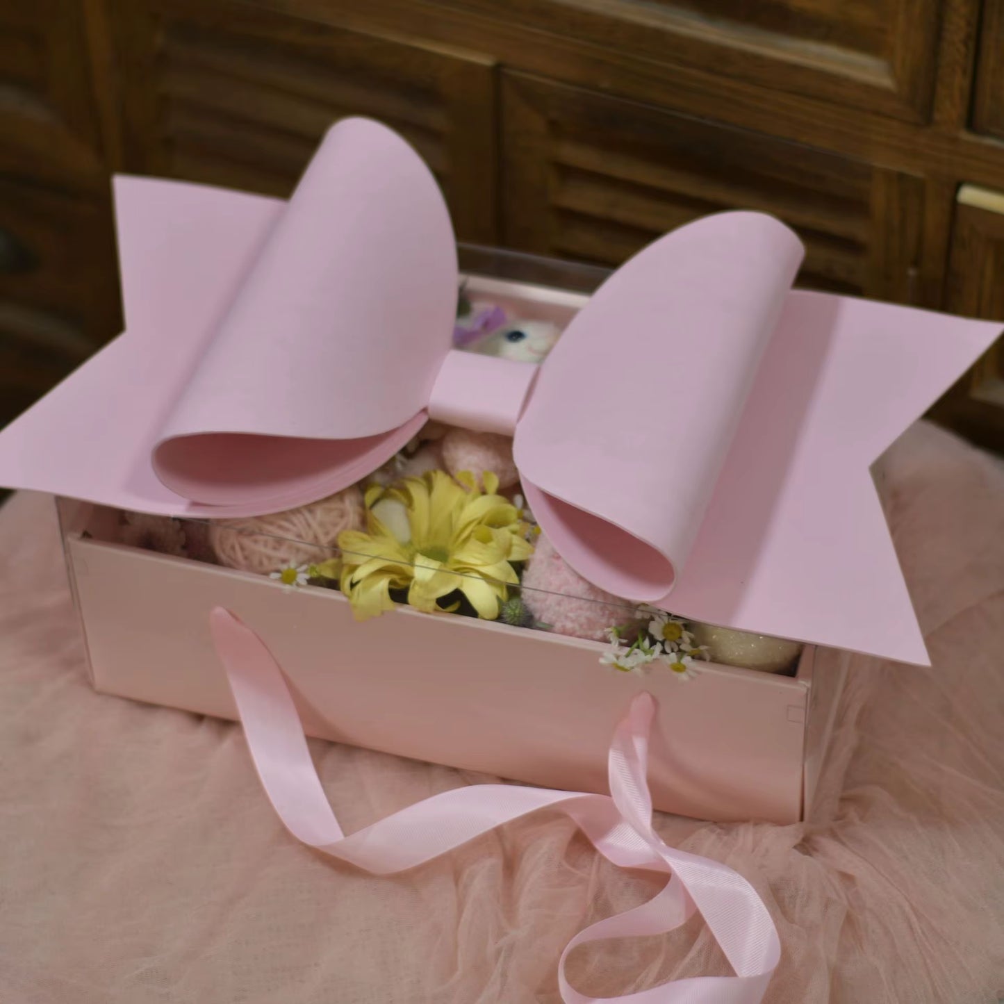 Luxury Pink Gift Box with Large Bow & Clear Lid | Pink Hamper Box With Bow