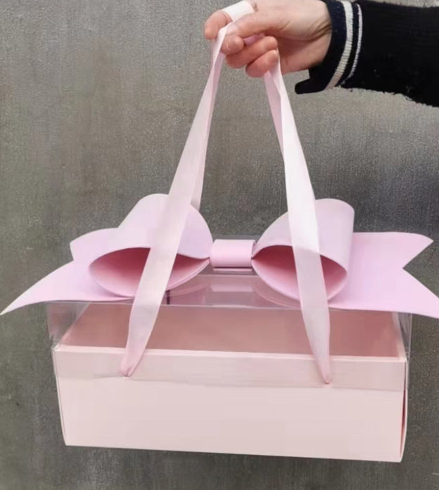 Luxury Pink Gift Box with Large Bow & Clear Lid | Pink Hamper Box With Bow