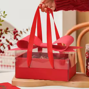 Small Red Luxury Transparent Gift Hamper Box with Bow & Ribbon Handle | Rectangle Red Bow Box 30 × 21 × 10 cm