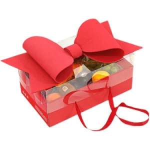 Small Red Luxury Transparent Gift Hamper Box with Bow & Ribbon Handle | Rectangle Red Bow Box 30 × 21 × 10 cm