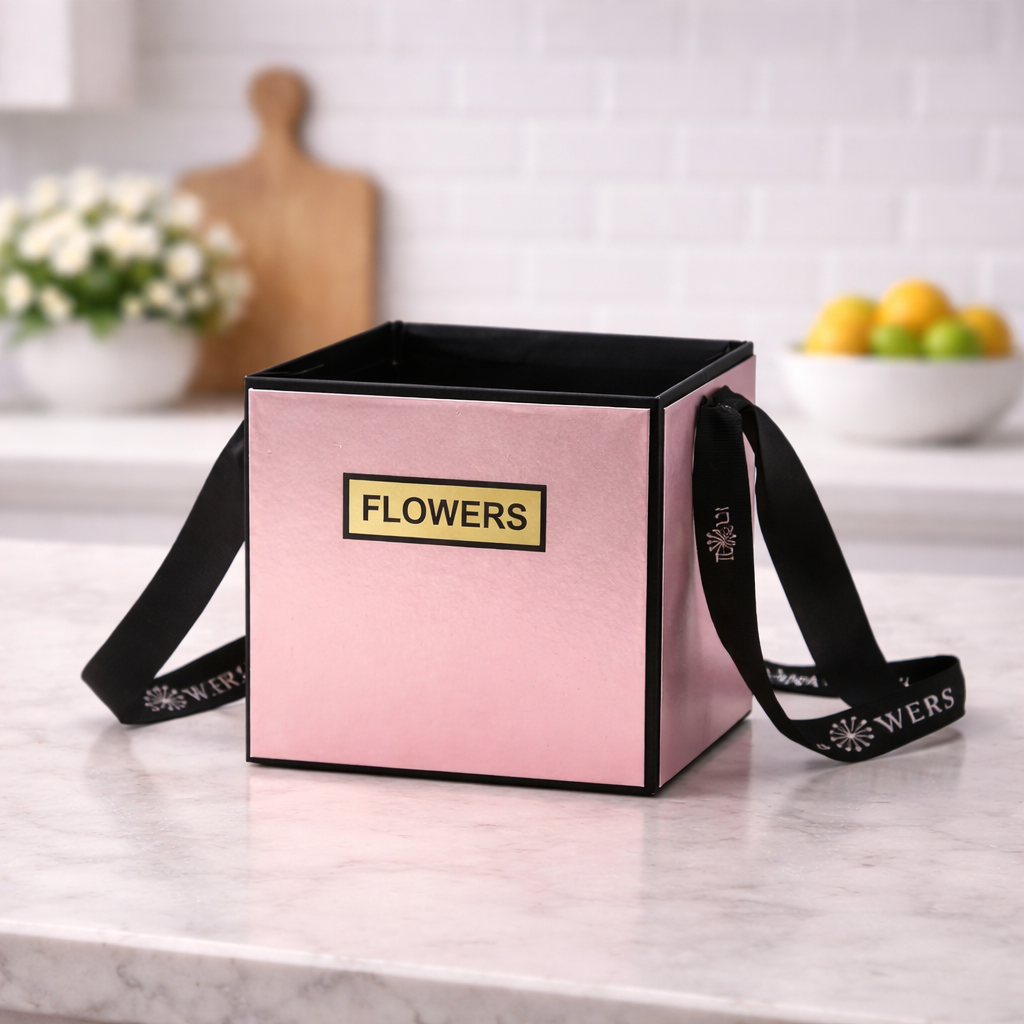 Rose Pink Premium Square Flower Gift Box with Handle | Elegant Hamper & Floral Packaging