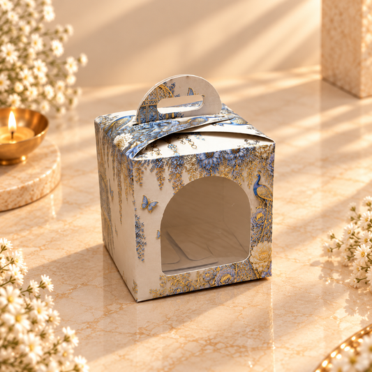 Blue Peacock Print Single Cupcake Box with Window & Handle