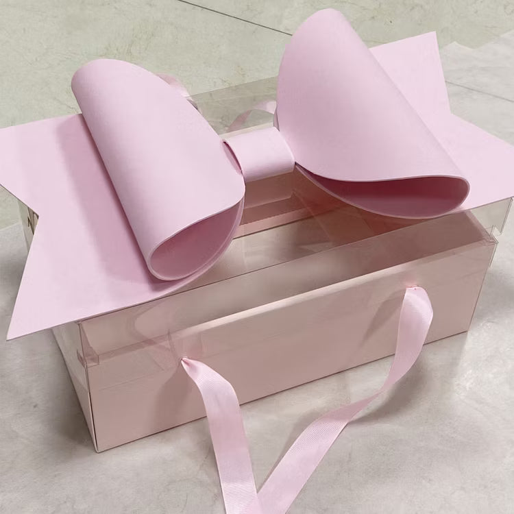 Small Pink Luxury Transparent Gift Hamper Box with Bow & Ribbon Handle | Rectangle Pink Bow Box 30 × 21 × 10 cm