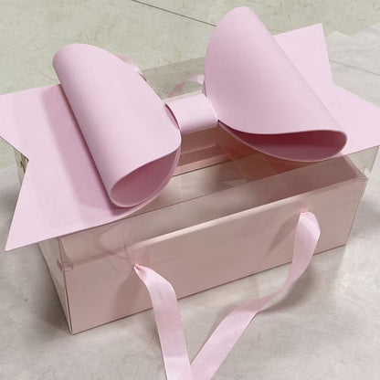 Small Pink Luxury Transparent Gift Hamper Box with Bow & Ribbon Handle | Rectangle Pink Bow Box 30 × 21 × 10 cm