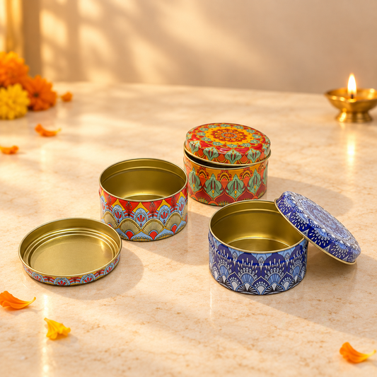 Premium Printed Round Gift Tin Box | Festive Gifting & Hamper Packaging
