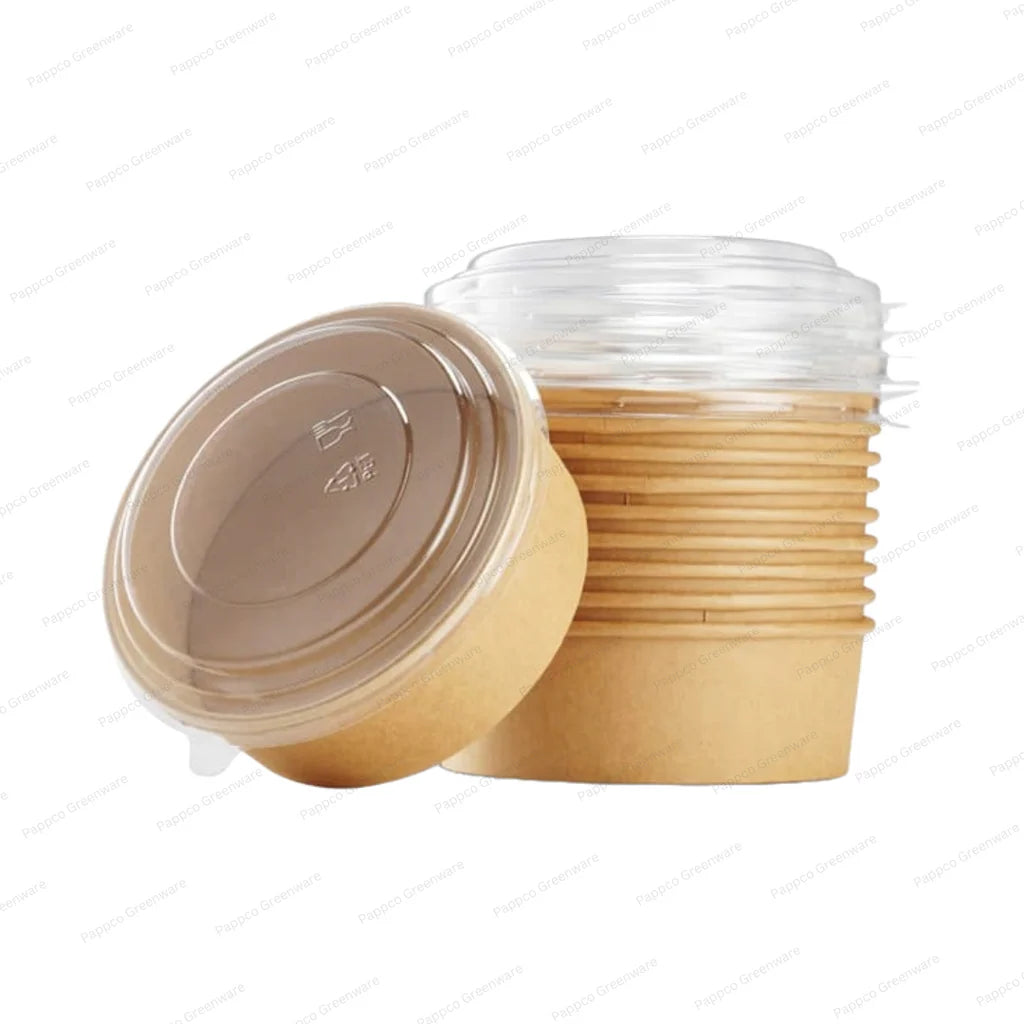 Kraft Round Food Container with Clear Lid – 5.5 x 2  Inch | Salad Bowl |Paper Dessert Boxes with Clear Lids – Eco-Friendly Packaging