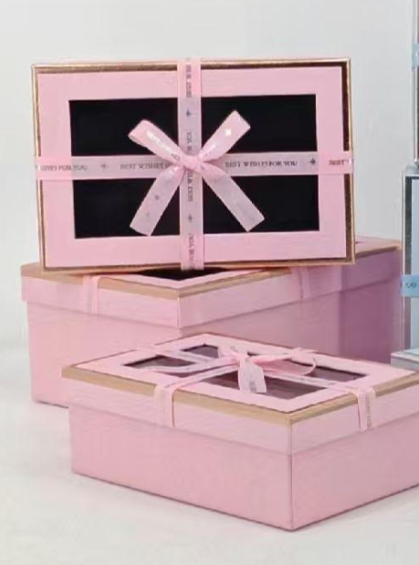 Pink Luxury Rectangle Window Gift Boxes Set of 3 – Rectangle Ribbon Hamper Boxes for Gifting & Packaging