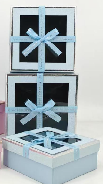 Blue Luxury Square Window Gift Boxes Set of 3 – Square Ribbon Hamper Boxes for Gifting & Packaging