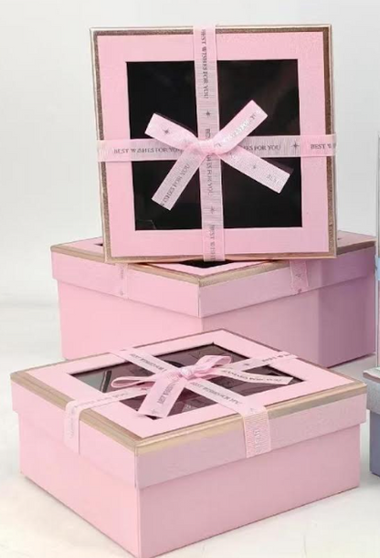 Pink Luxury Square Window Gift Boxes Set of 3 – Square Ribbon Hamper Boxes for Gifting & Packaging