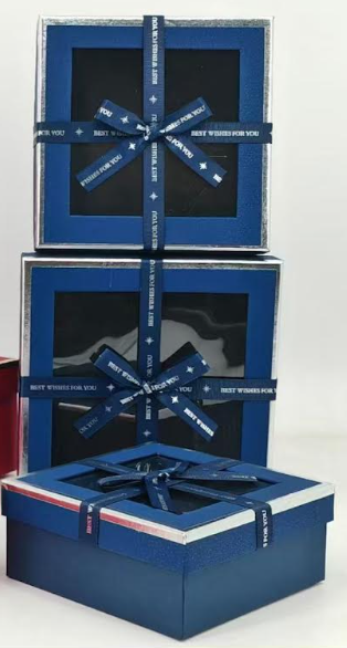 Dark Blue Luxury Square Window Gift Boxes Set of 3 – Square Ribbon Hamper Boxes for Gifting & Packaging
