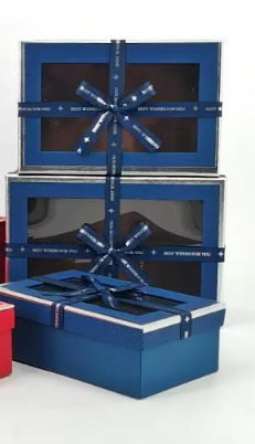 Dark Blue Luxury Rectangle Window Gift Boxes Set of 3 – Rectangle Ribbon Hamper Boxes for Gifting & Packaging