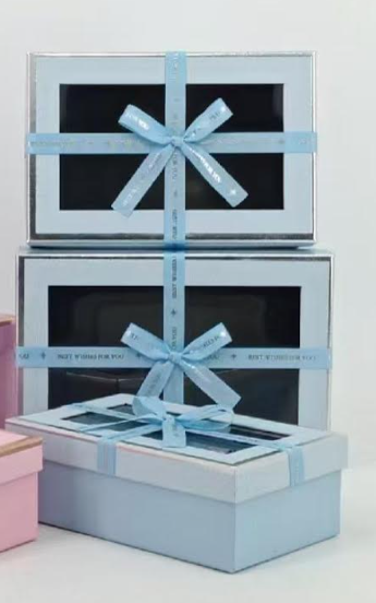 Blue Luxury Rectangle Window Gift Boxes Set of 3 – Rectangle Ribbon Hamper Boxes for Gifting & Packaging