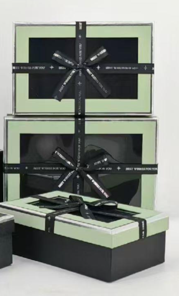 Green & Black Luxury Rectangle Window Gift Boxes Set of 3 – Rectangle Ribbon Hamper Boxes for Gifting & Packaging