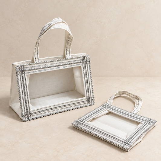 Ivory Elegance Silver Embroidered Window Collapsible Luxury Hamper Basket
