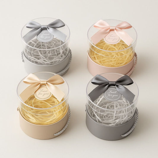 Round Acrylic Gift Box with Rope Handle & Satin Ribbon – Elegant Pastel Colors | Acrylic Hamper Gift Box