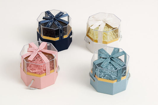 Hexagon Acrylic Gift Box with Rope Handle & Satin Ribbon – Premium Pastel & Royal Colors | Acrylic Hamper Gift Box