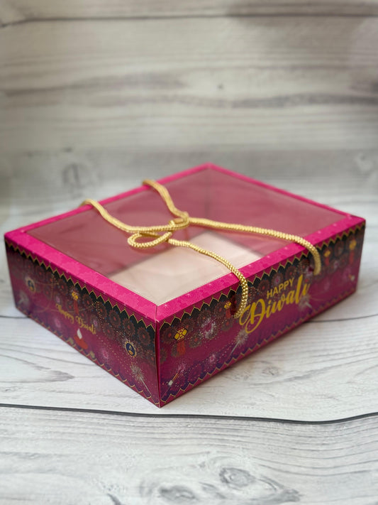 Pink Premium Diwali Gift Box with Golden Rope Handle – Transparent Lid