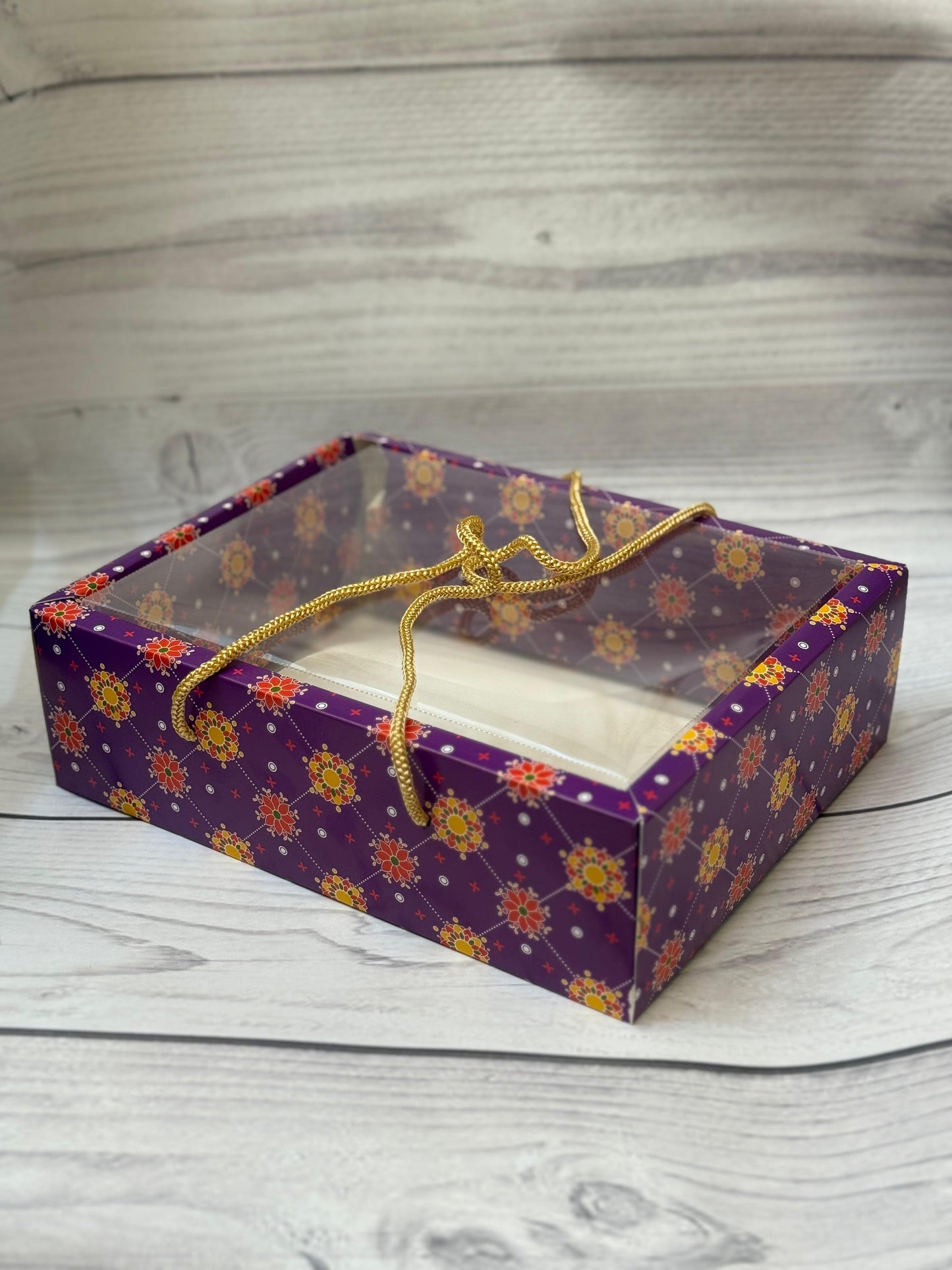 Purple Floral Premium Diwali Gift Box with Golden Rope Handle – Transparent Lid