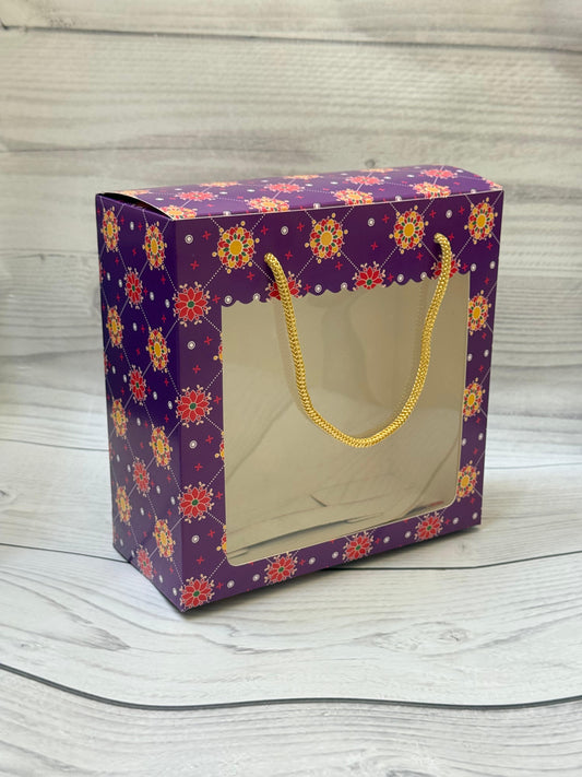 Floral Festive Print Window Hamper Bag with Rope Handle | Luxury Hamper Packaging