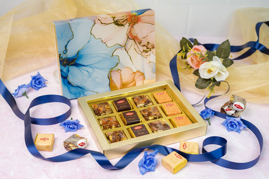 Luxury Festive Chocolate Gift Box – 12 Cavity | Blue Elegant Floral Design