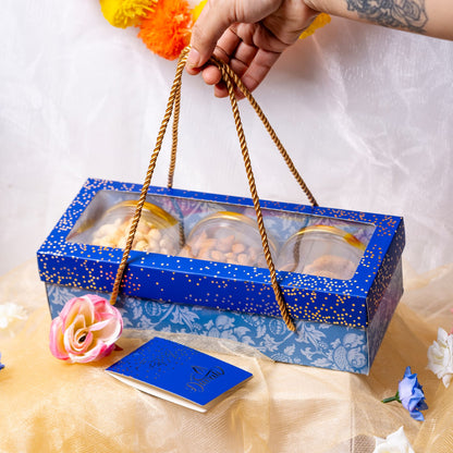 Blue Luxury Foil Printed 3 Jar Gift Carry Box with Rope Handle
