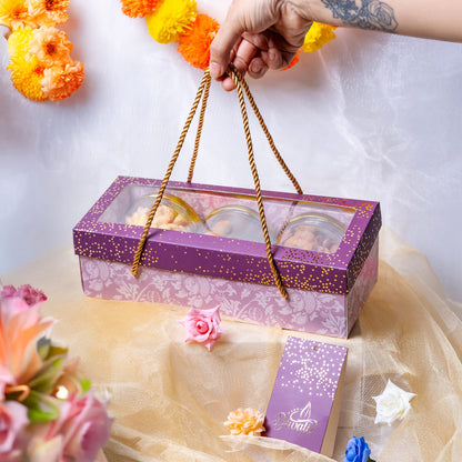 Pink Luxury Foil Printed 3 Jar Gift Carry Box with Rope Handle