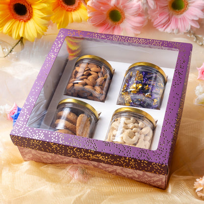 Plum Foil Printed Hamper Box With Window | Luxury 4 Cavity Gift Box for 300ml Jars