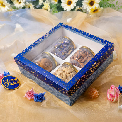 Blue Foil Printed Hamper Box With Window | Luxury 4 Cavity Gift Box for 300ml Jars
