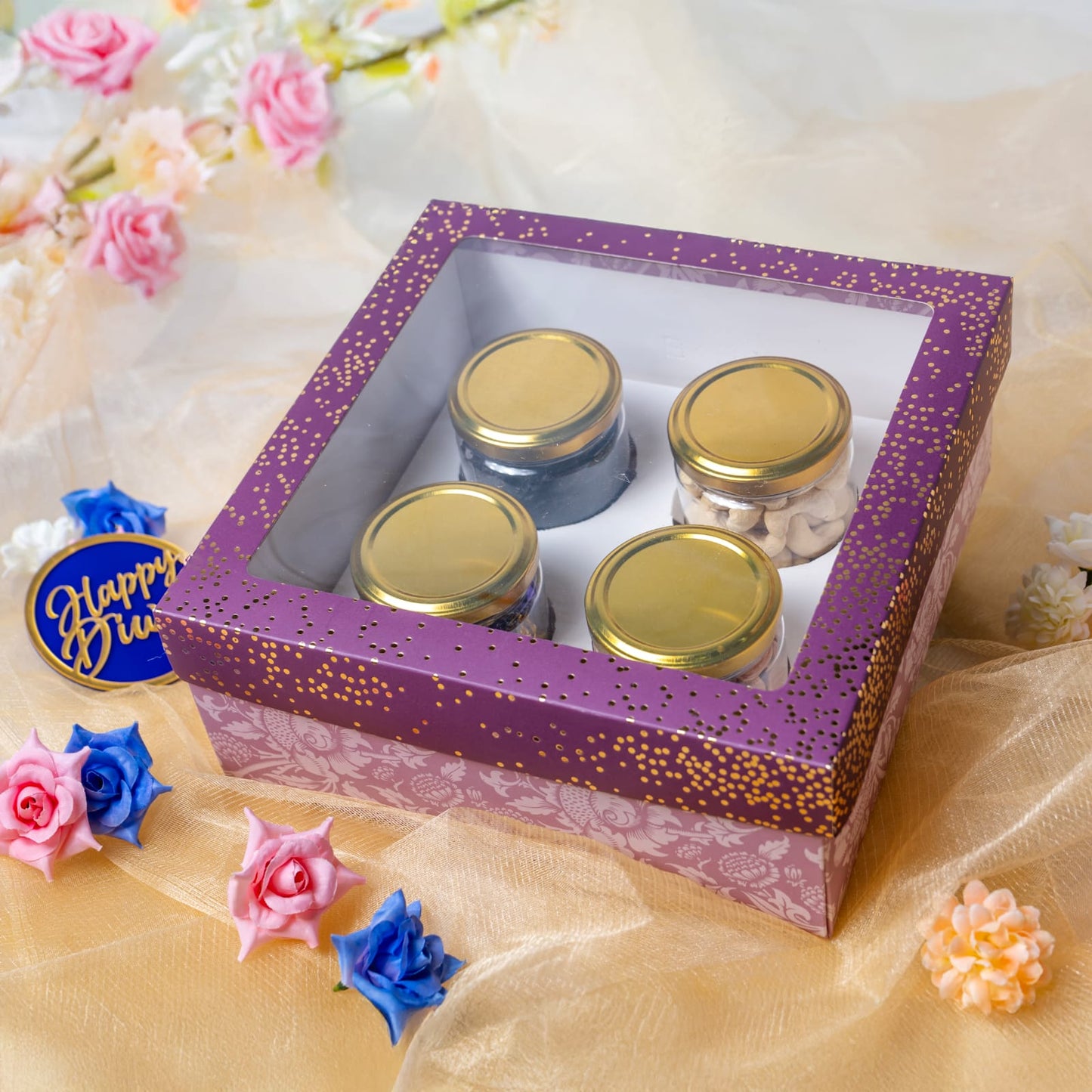 Plum Foil Printed Hamper Box With Window | Luxury 4 Cavity Gift Box for 190ml Jars or Cupcakes