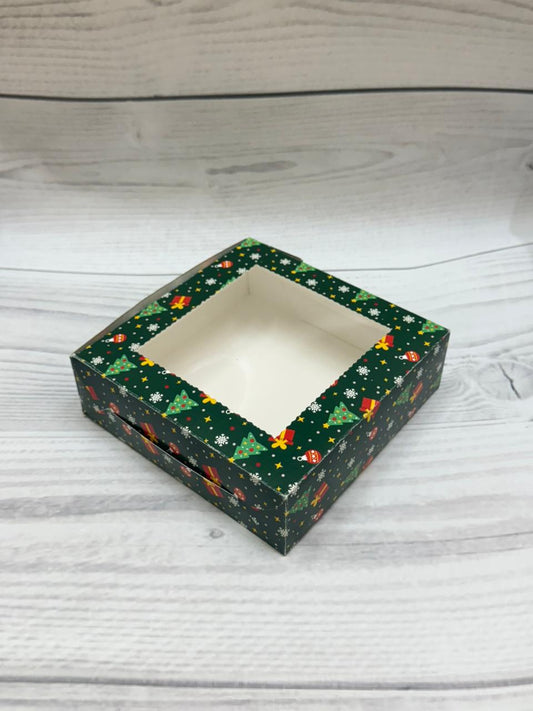 Green Christmas Print 4 Brownie Box – Festive Packaging with Window