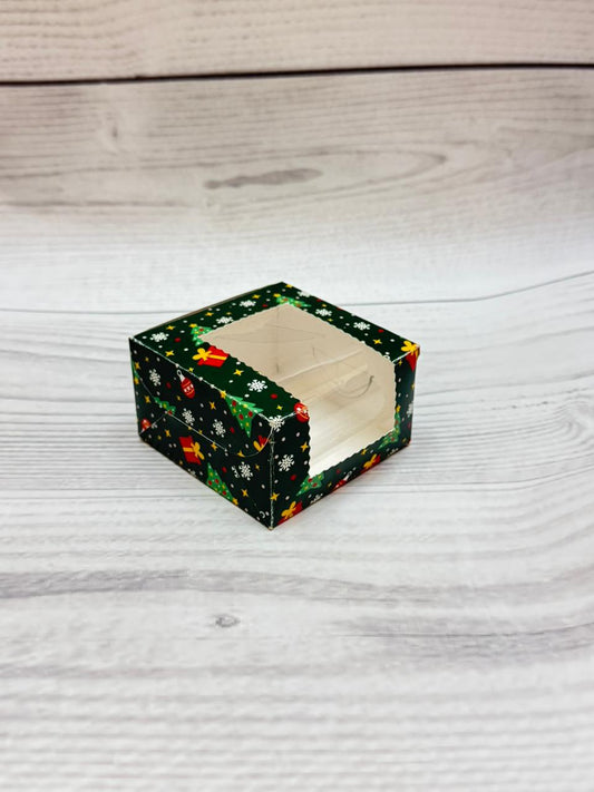 Green Christmas Print 1 Brownie Box – Festive Packaging with Window