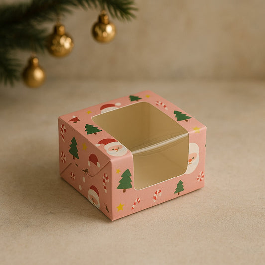 Pink Santa Christmas Print Single Brownie Box – Festive Packaging with Window