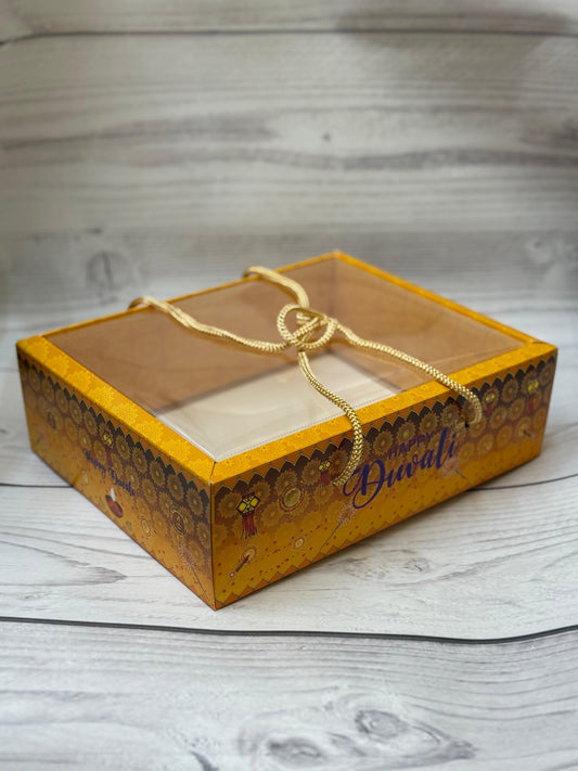 Yellow Premium Diwali Gift Box with Golden Rope Handle – Transparent Lid