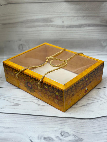 Yellow Premium Diwali Gift Box with Golden Rope Handle – Transparent Lid