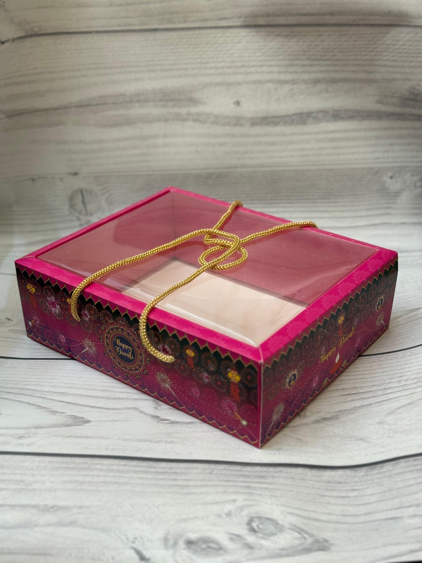 Pink Premium Diwali Gift Box with Golden Rope Handle – Transparent Lid