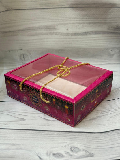 Pink Premium Diwali Gift Box with Golden Rope Handle – Transparent Lid